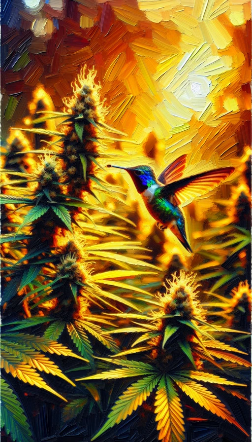 Un colibrí recogiendo néctar de flores de cannabis en una tarde dorada. Estilo impresionista. Modo vertical.