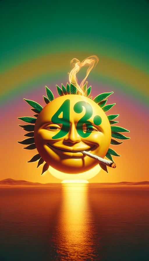 Un sol verde y amarillo sonriente, con una expresión relajada, elevándose en el horizonte. De su boca emana humo que forma clara y perfectamente el número "420" en el aire. Fondo cálido de un amanecer psicodélico. Modo vertical.