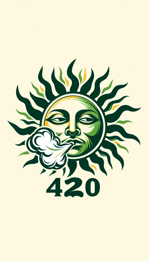 Un sol verde y amarillo con un rostro sereno y ojos entrecerrados, emanando una nube de humo que se transforma en las cifras exactas "420". Modo vertical.