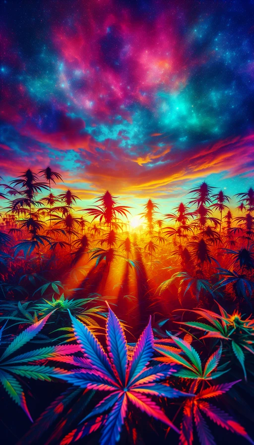 Un amanecer psicodélico iluminando un campo de cannabis con colores vibrantes, donde se ven siluetas de hojas danzando al viento. Modo vertical.