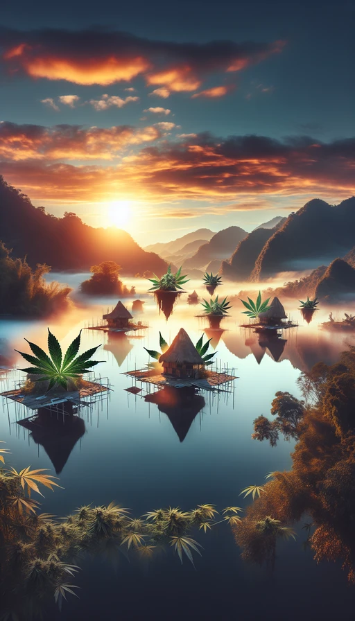 Un mágico amanecer en una aldea flotante hecha de hojas de cannabis, con montañas al fondo. Modo vertical.