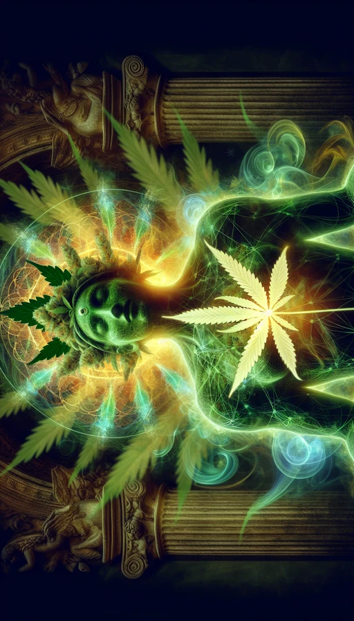 Un retrato de una planta de cannabis antropomorfizada como una diosa antigua, rodeada de un aura de energía luminosa, en tonos verde y dorado. Modo vertical.