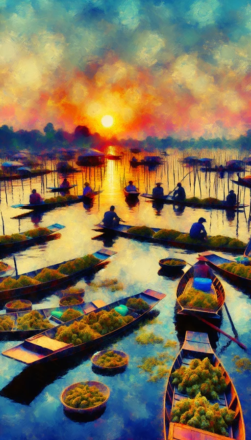 Un mercado flotante al atardecer, con barcos llenos de hierbas canábicas, impregnando el aire de aromas exóticos. Usa un estilo impresionista y modo vertical.