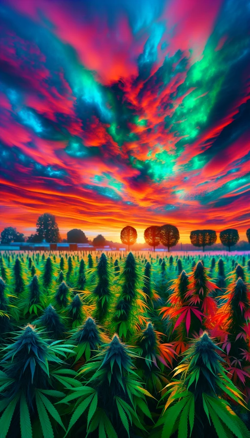 Un atardecer psicodélico sobre un campo de cannabis en crecimiento, donde los colores del cielo se funden con las hojas verdes de las plantas. Modo vertical.