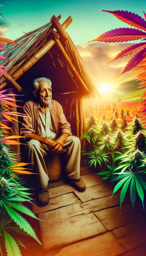 Un anciano sabio sentado en una cabaña hecha de cáñamo en medio de un paisaje vibrante y colorido, con el sol poniente iluminando mágicamente las hojas de las plantas de cannabis. Modo vertical.