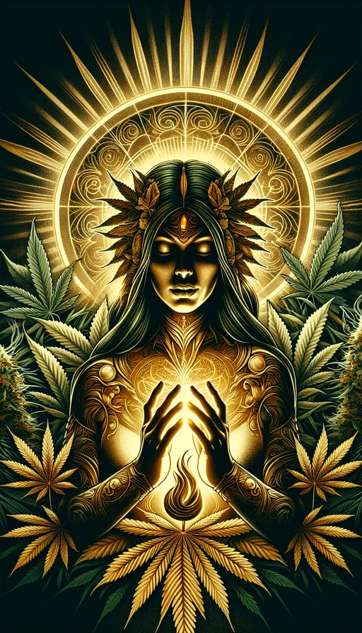 Un retrato de una diosa antigua rodeada de hojas de cannabis, con un aura de luz dorada flotando en el aire. Modo vertical.