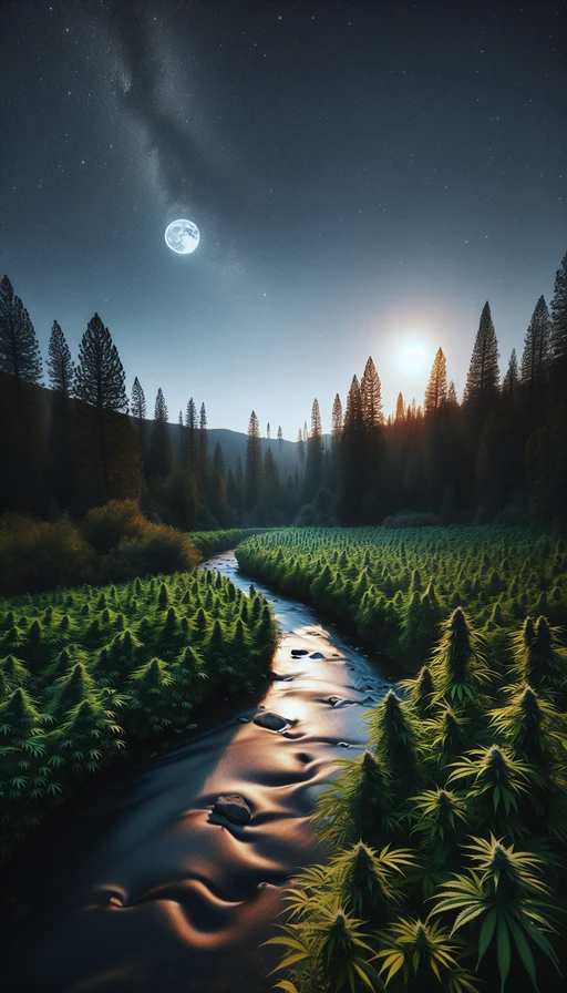 Un río iluminado por la luna, serpenteando a través de un campo de cannabis bajo un cielo estrellado. Modo vertical.