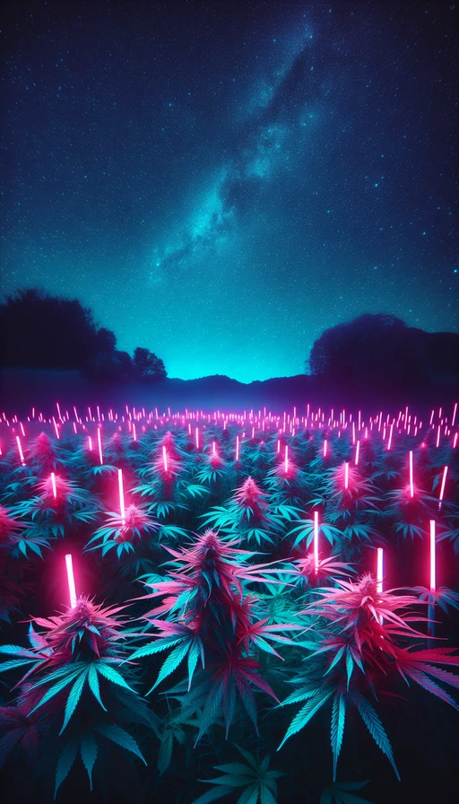 Una noche estrellada ilumina un campo de cannabis, con luces de neón que delinean las hojas. Modo vertical.