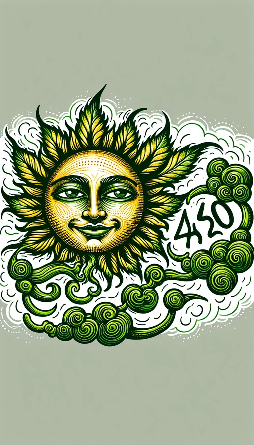 Un sol verde y amarillo, suavemente flotando en el cielo, con un rostro relajado y ojos soñadores. Las nubes de humo, intrincadamente dibujadas, se entrelazan para formar el número "420". Modo vertical y profundamente artístico.