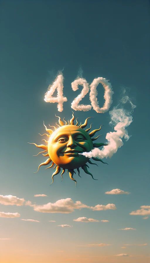 Un sol de tonos verdes y amarillos con rostro relajado, flotando en un cielo claro. Alrededor, las nubes de humo forman cuidadosamente el texto "420" con un toque artístico. Modo vertical.