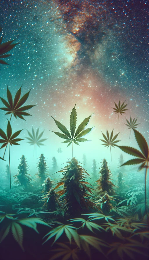 Un paisaje onírico donde las hojas de cannabis flotan en un cielo estrellado. Modo vertical.