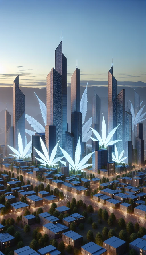 Una ciudad futurista donde los edificios están diseñados como hojas de cannabis gigantes, iluminados por luces suaves al atardecer. Modo vertical.