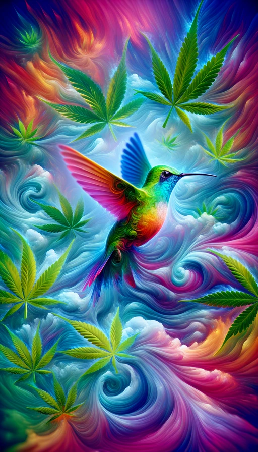 Un colibrí colorido suspendido en el aire, rodeado de nubes de humo que se entrelazan con hojas de cannabis. Estilo dreamcore digital. Modo vertical.