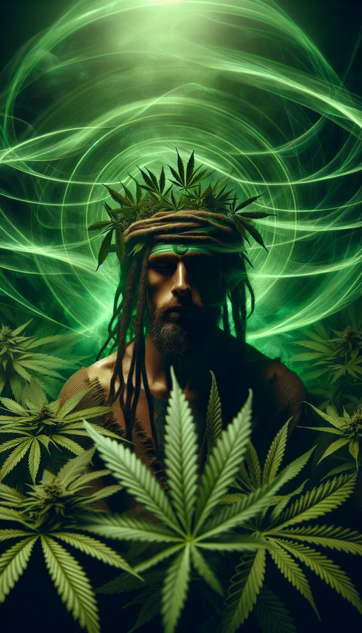 Un retrato en modo vertical de un chamán rodeado de hojas de cannabis, mientras ondas de luz verdes se arremolinan a su alrededor. La escena debe transmitir una conexión mística y simbiótica con la naturaleza.