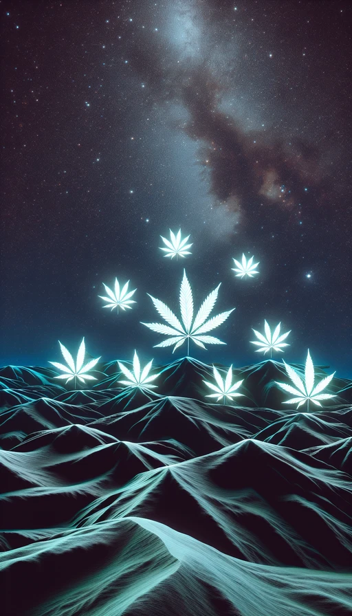 Un paisaje nocturno surrealista donde las hojas de cannabis brillan como estrellas. Modo vertical.