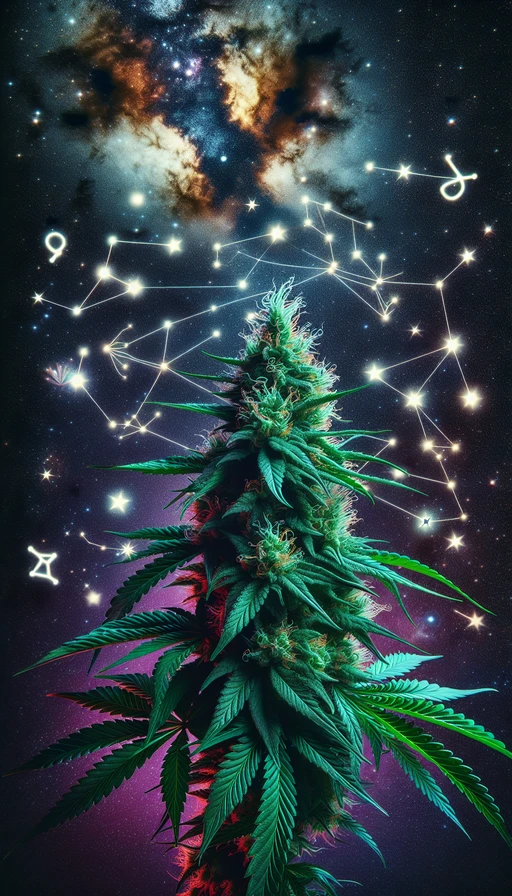 Un retrato surrealista de una planta de cannabis que florece bajo las constelaciones. Modo vertical.