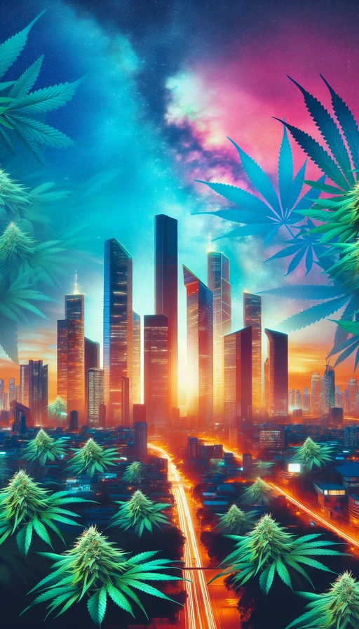 Una ciudad futurista donde los rascacielos son enormes plantas de cannabis, iluminada por un atardecer colorido. Modo vertical.