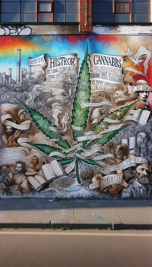 Un mural urbano con grafitis representando la historia del cannabis a través de los tiempos. Estilo expresionista en modo vertical.