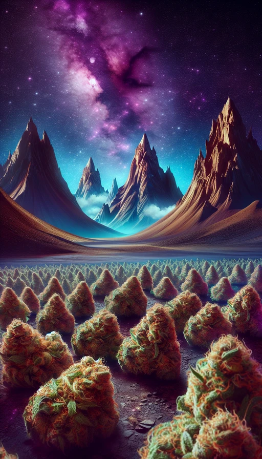 Un paisaje surrealista con montañas de cogollos bajo un cielo estrellado mágico. Modo vertical.