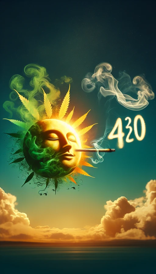 Un vibrante sol verde y amarillo con mirada soñadora, flotando en el cielo. A su alrededor, el humo se arremolina mágicamente, formando suavemente la palabra "420" en el aire. Modo vertical, detallando el juego de luces y sombras que envuelven al sol.