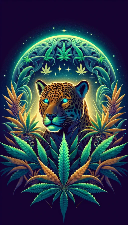 Un jaguar místico rodeado de hojas de cannabis que brillan bajo la luz de la luna. Estilo onírico, modo vertical.