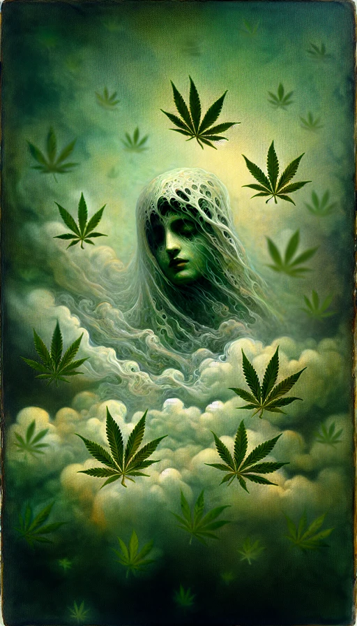 Una figura mística emerge de una neblina de humo, rodeada de hojas de cannabis que flotan suavemente. Estilo surrealista, modo vertical.