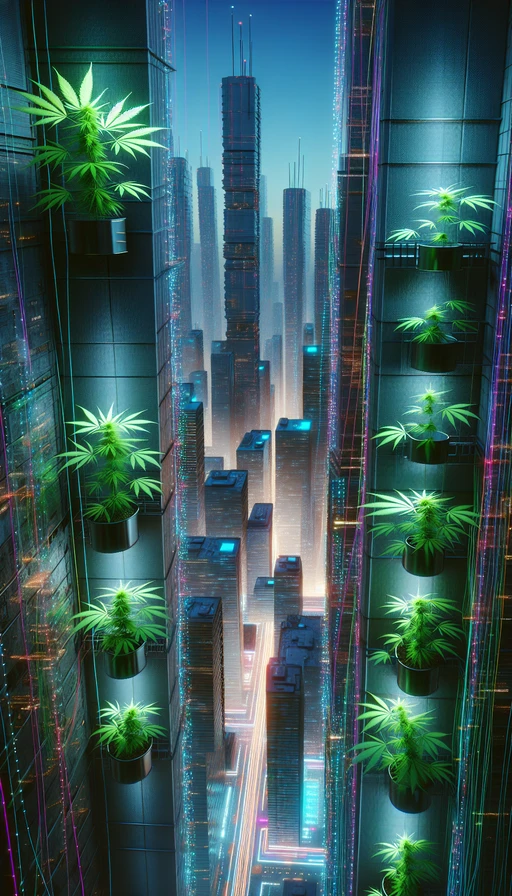 Un paisaje urbano futurista donde las plantas de cannabis emergen desde los rascacielos y enredaderas de luz iluminen la ciudad. Estilo cyberpunk. Modo vertical.