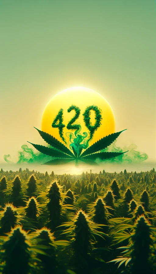 Un sol verde y amarillo con una expresión relajada y soñadora sobre un horizonte de plantas de cannabis, brillando intensamente mientras suelta humo que forma perfectamente los números "420". La escena captura la esencia de un momento mágico y relajado. Modo vertical.