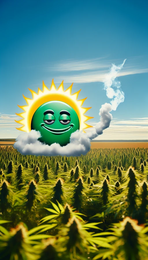 Un sol verde y amarillo con una expresión relajada, flotando en el horizonte de un campo de cannabis. Nubes de humo forman suavemente el número "420" en el cielo. Modo vertical, resaltando el contraste entre el cielo azul y el sol brillante.