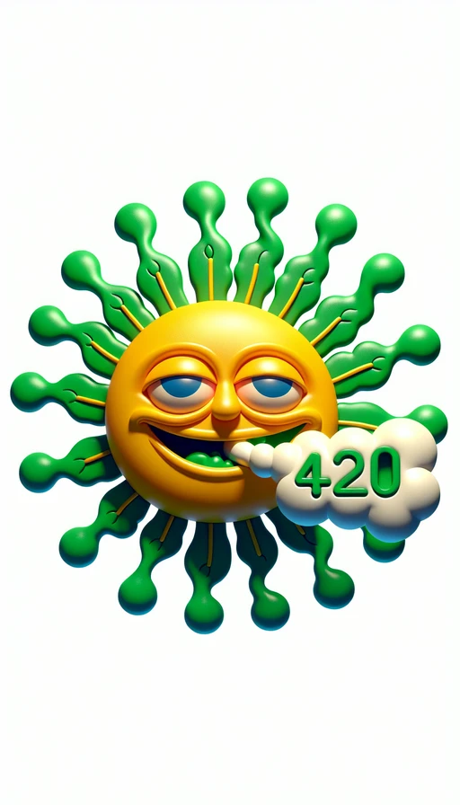 Un sol verde y amarillo, con cara risueña y ojos soñolientos, en el horizonte. En modo vertical, que de su boca emerge humo creando el texto "420" de manera precisa. La atmósfera es tranquila y llena de color.