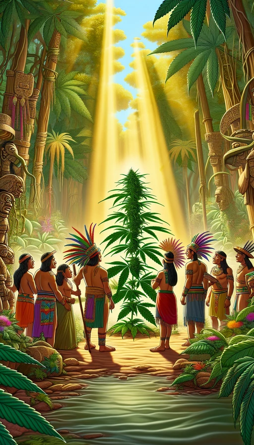 Una antigua civilización azteca encuentra una planta sagrada de cannabis. Modo vertical.