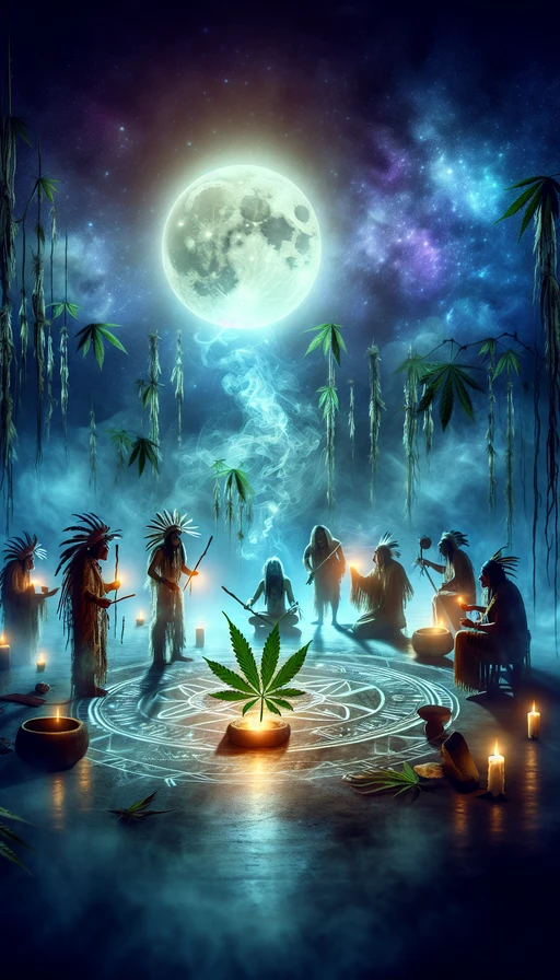 Un antiguo ritual bajo la luz de la luna, donde chamanes rodean una planta sagrada de cannabis, en un ambiente místico y etéreo. Modo vertical.