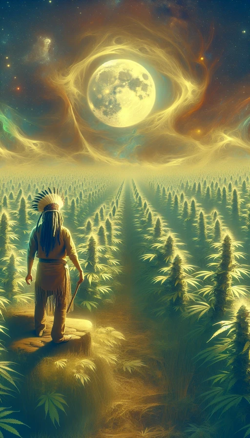 Un chamán en medio de un campo de cannabis iluminado por una luna llena etérea. Modo vertical, estilo surrealista.