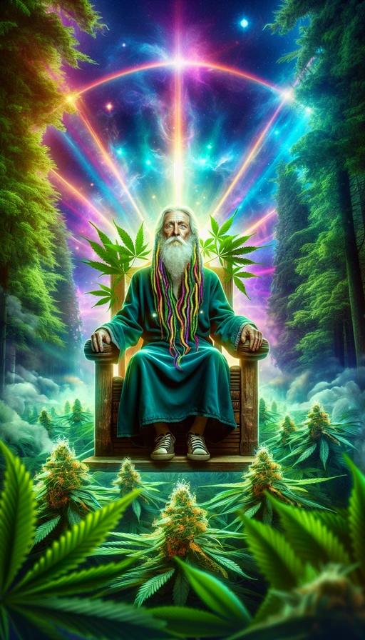 Un anciano sabio con largas barbas trenzadas de hojas de cannabis, sentado en un trono de madera flotante rodeado de un aura mística y colores vibrantes. Fondo de bosque con luces brillantes que atraviesan las copas de los árboles. Modo vertical.