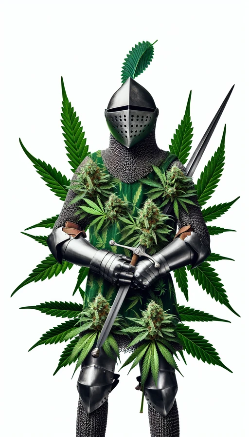 Un caballero medieval en una armadura hecha de hojas de cannabis. Modo vertical.