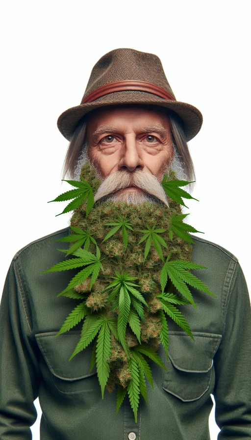 Un anciano sabio con una larga barba verde hecha de hojas de cannabis. Modo vertical.