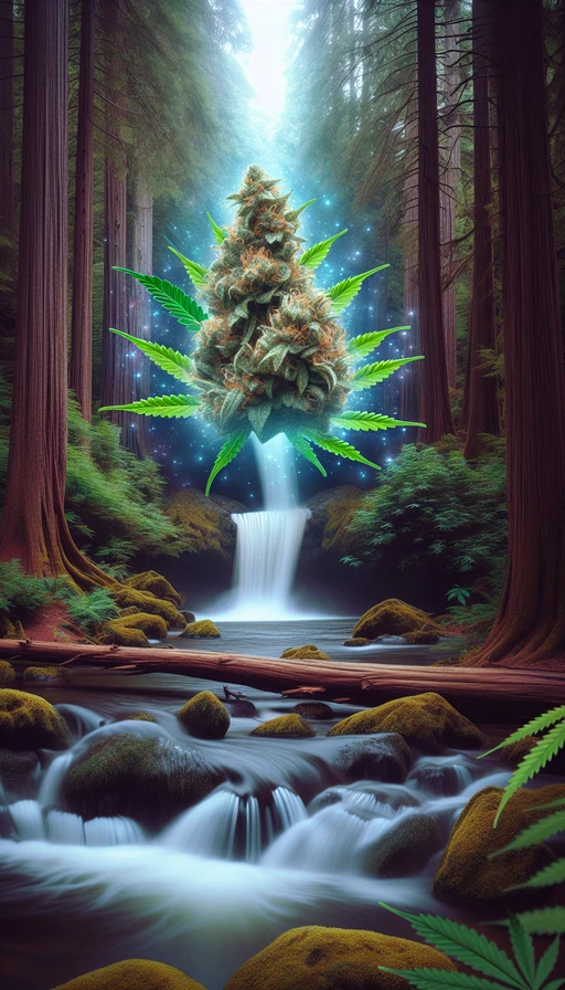 Una cascada mágica fluye de un gran cogollo de cannabis en medio de un bosque encantado. Modo vertical.