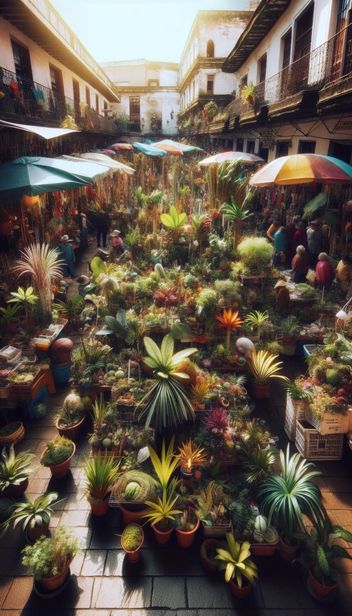 Un mercado callejero en una ciudad latinoamericana, lleno de plantas exóticas y coloridas. Los vendedores son personajes excéntricos y el ambiente está lleno de vida y texturas artesanales. Modo vertical, enfoque en el juego de luces y sombras.