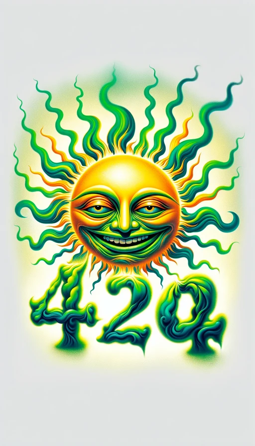 Un sol verde y amarillo con una expresión risueña, cuyas llamas forman el número "420" con humo. Modo vertical y estilo artístico surrealista.