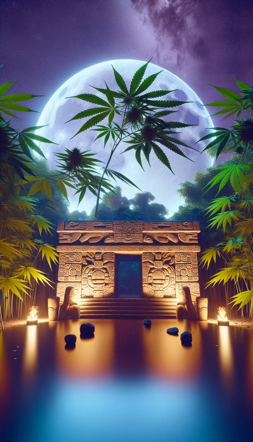 Imagina un antiguo altar maya escondido en la selva, rodeado de plantas de cannabis que brillan bajo el reflejo de la luna. Modo vertical.