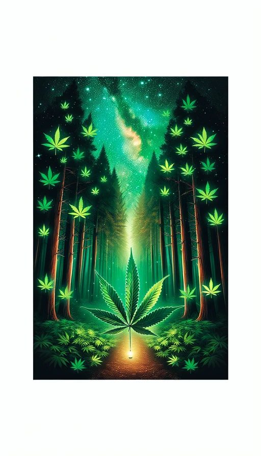 Un bosque encantado donde las hojas de cannabis brillan con luz propia bajo un cielo estrellado. Modo vertical.