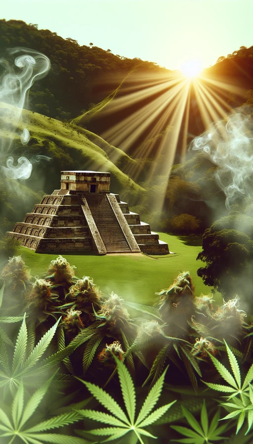 Un antiguo templo azteca oculto entre colinas verdes y nubes de humo de cannabis, con una luz dorada filtrándose a través de las hojas, creando un ambiente místico. Modo vertical.