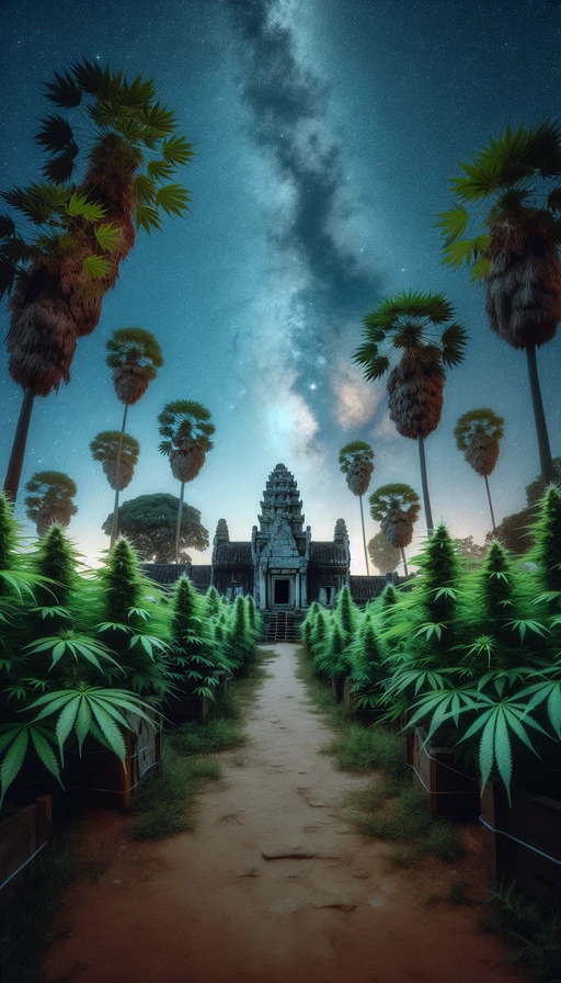 Un templo antiguo oculto entre plantas de cannabis gigantes, bajo un cielo estrellado. Modo vertical.