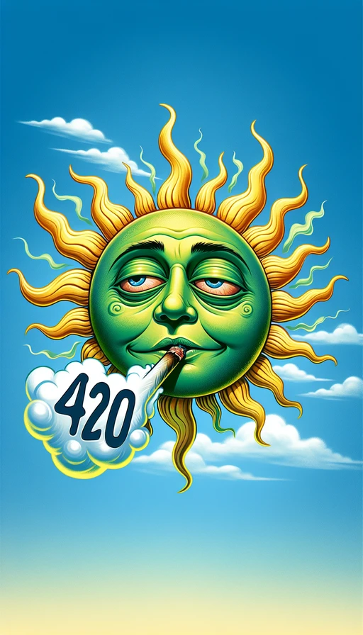 Un sol verde y amarillo con una expresión relajada y ojos entrecerrados. Desde su boca, el humo forma claramente la palabra "420" en el aire, flotando suavemente en un cielo azul claro. Modo vertical, con detalles suaves y artísticos.