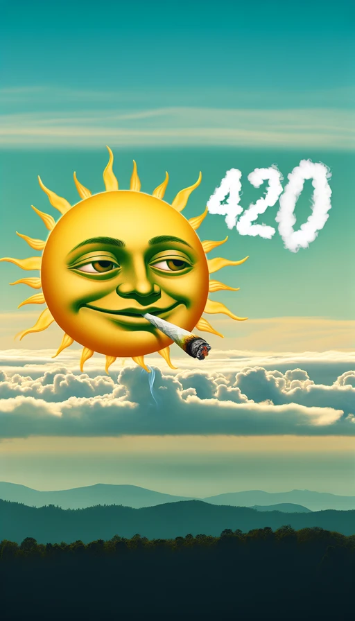 Un sol verde y amarillo en el horizonte con una expresión relajada, su cara refleja calma y serenidad. Del sol surge un humo espeso que forma perfectamente el número "420" en el cielo, rodeando su mirada soñadora. Modo vertical.