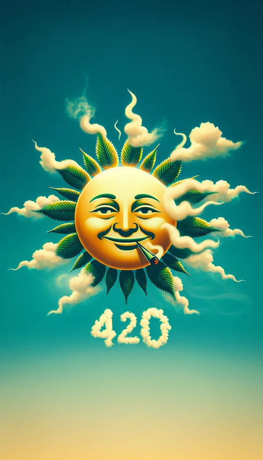 Un sol radiante en tonos verde y amarillo, con un rostro relajado, brillante en el cielo. Las nubes a su alrededor forman suavemente el número "420" con humo. Modo vertical.