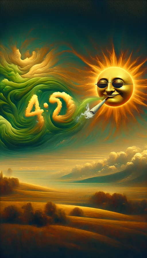 En un paisaje surrealista, el sol verde y amarillo se eleva en el horizonte con un rostro relajado. Nubes de humo se arremolinan en el cielo formando la perfecta cifra "420". Modo vertical, detalles de fantasía y tonos cálidos.