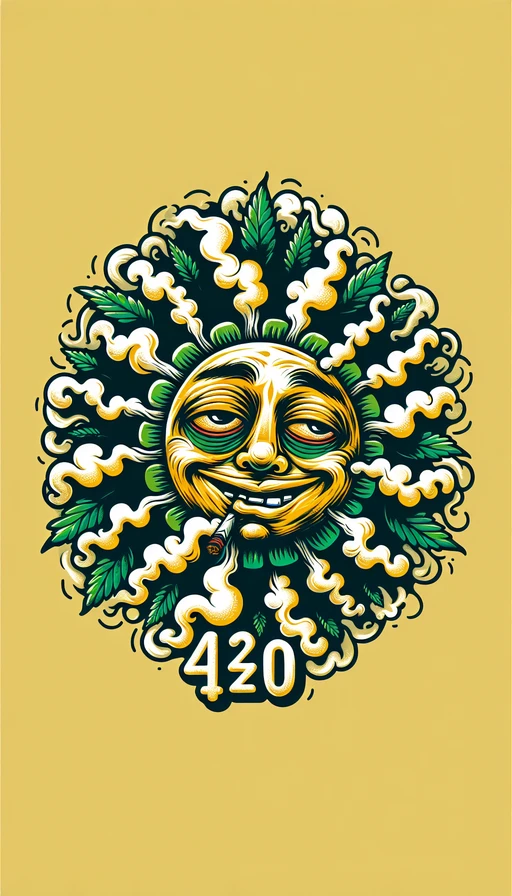 Un sol verde y amarillo con rostro relajado y ojos soñolientos, rodeado de nubes de humo que forman cuidadosamente el número "420". Modo vertical y artístico.