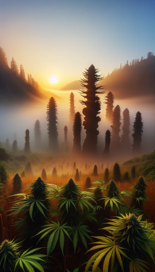 Un amanecer en un valle cubierto de niebla, donde plantas de cannabis gigantes se alzan como árboles antiguos. Todo iluminado por la luz dorada de la mañana. Modo vertical.