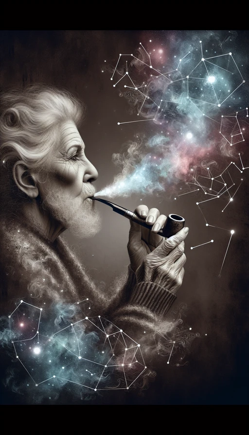 Una anciana sabias de cabello gris fumando con una pipa antigua, rodeada de un aura mágica de humo que forma constelaciones. Modo vertical.